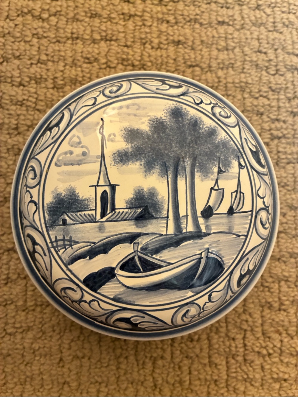 Blue Hand-Painted Coastal Scene Decorative Ceramic Plate
